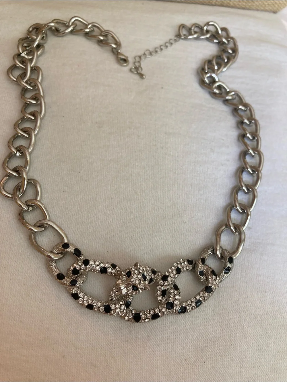 Panther Animal Big Cat Silver Tone Necklace Clear & Black Stones
